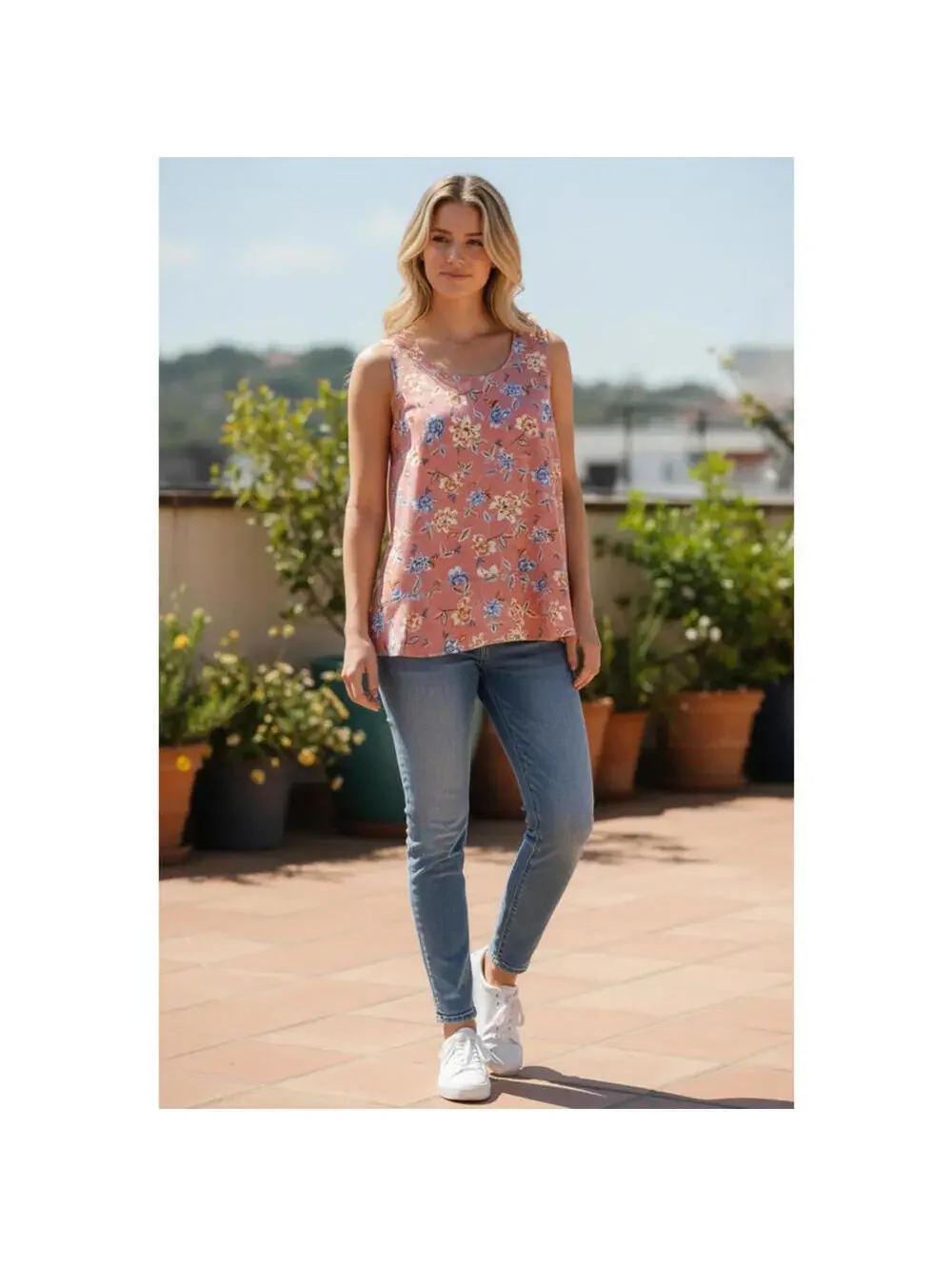 d&co Denim + Company Top Womens L Coral Pink Floral Sleeveless Ruffle Hem Tank